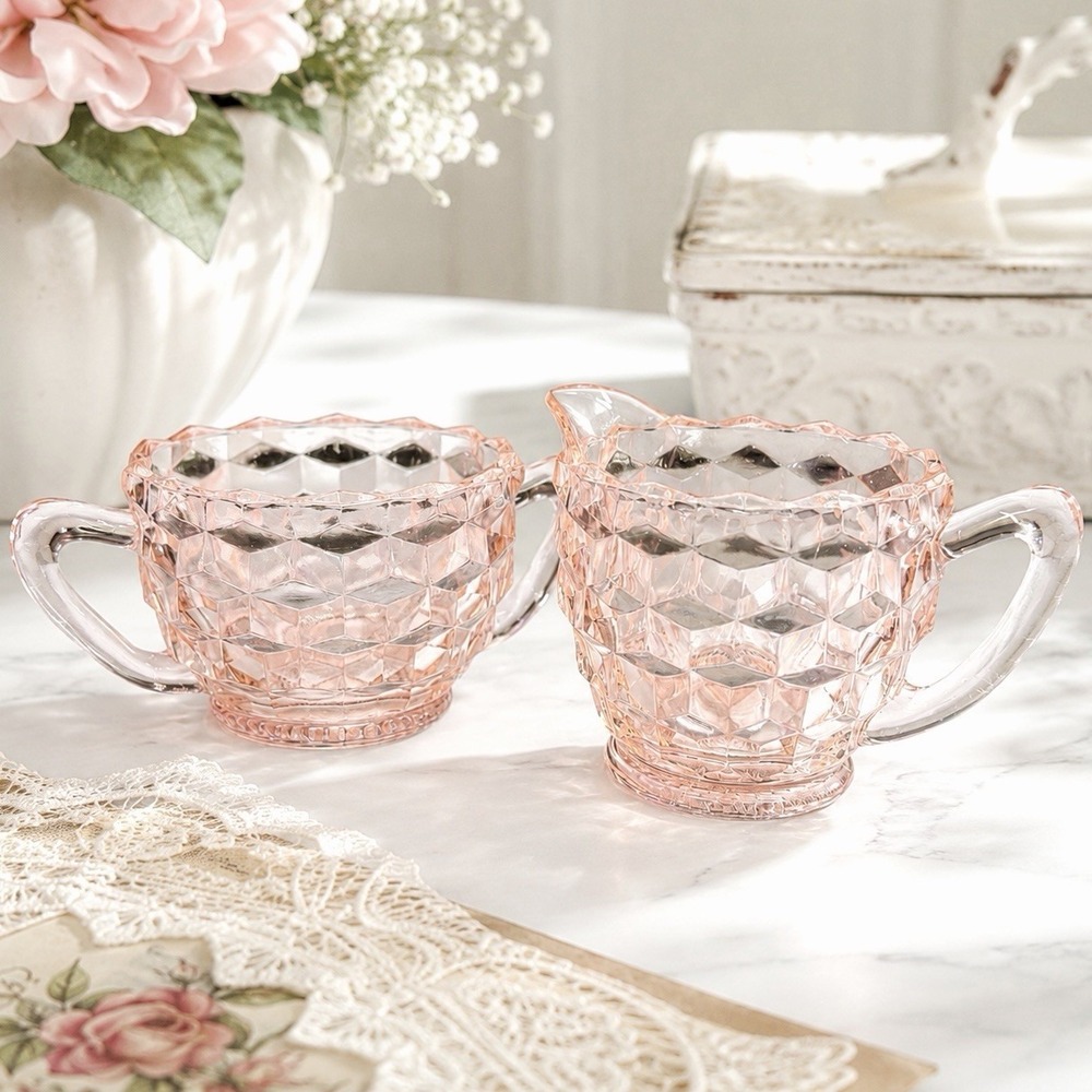 Vintage Jeannette Cubist Pink Depression Glass Sugar & Creamer Set Cube Pattern